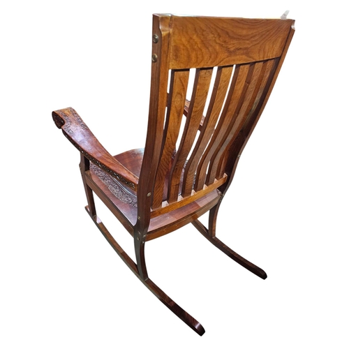 41 - Mahogany hand- carved brass inlaid rocking chair, fabulous quality