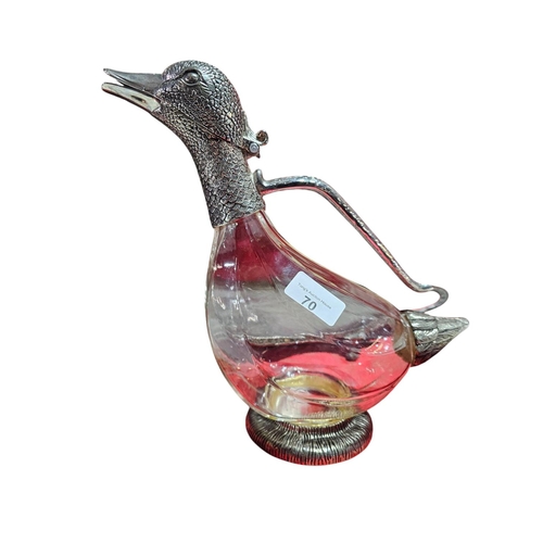 70 - Stunning glass and white metal claret jug in the form of a duck head