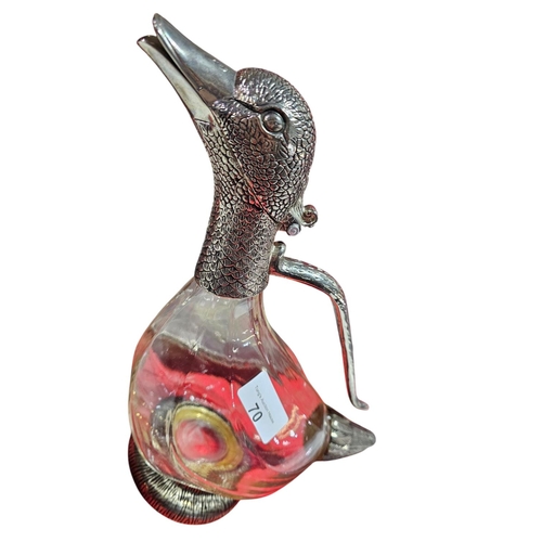 70 - Stunning glass and white metal claret jug in the form of a duck head