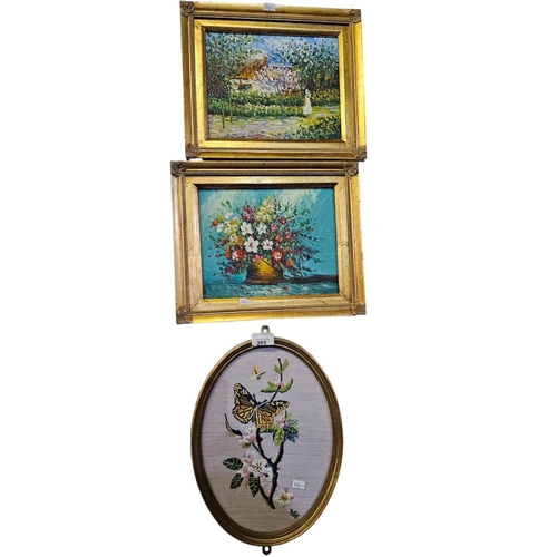 265 - 2 wooden gilt framed acrylic paintings and one oval framed needle work