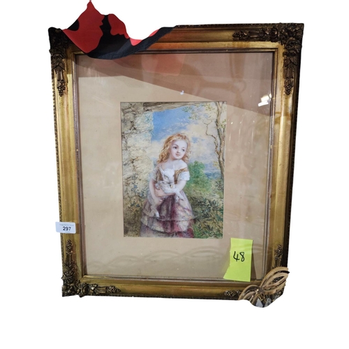 297 - T. John Ewbank 
A young girl holding a pet lamb before a landscape. Signed water colour with white 2... 