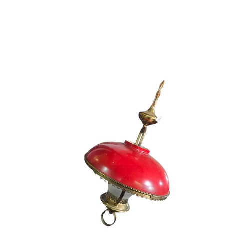 313 - Fabulous American hanging ceiling oil lamp converted TO ELECTRIC red metal shade