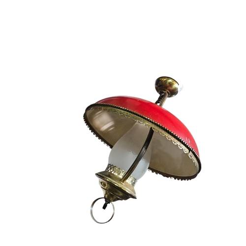 313 - Fabulous American hanging ceiling oil lamp converted TO ELECTRIC red metal shade