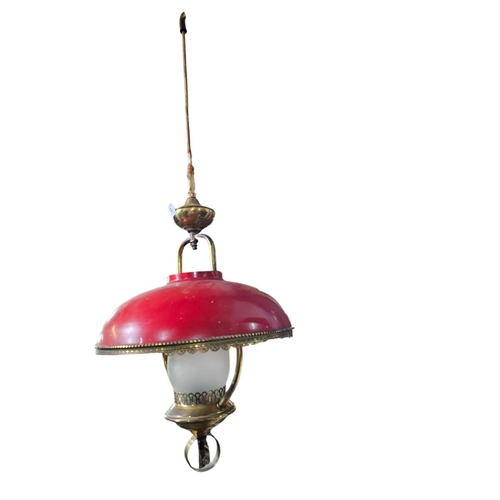 313 - Fabulous American hanging ceiling oil lamp converted TO ELECTRIC red metal shade