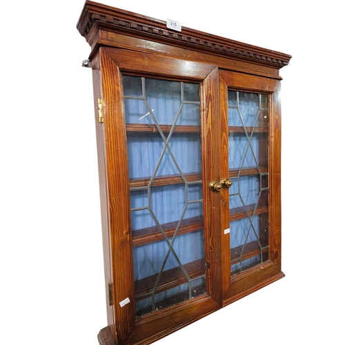 315 - Beautiful small wooden wall mountable display case leaded glass windows