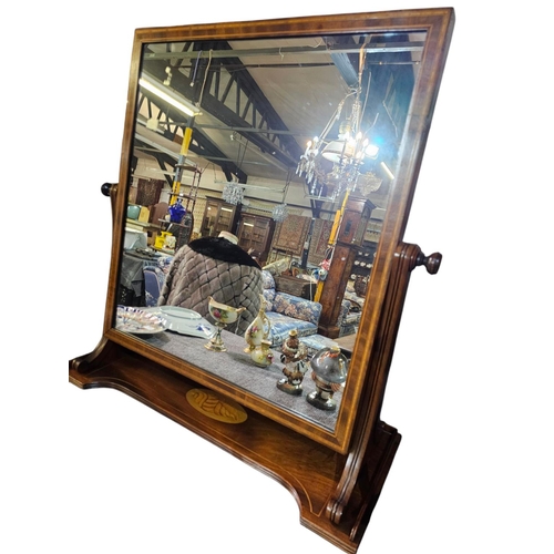 337 - A mahogany and satin wood inlaid dressing table mirror the rectangular plate supports an under tray ... 