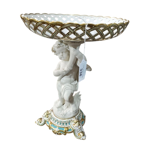 338 - A Dresden comport stunning condition 33cm tall 19th Century fretted fruit bowl with gilt highlights