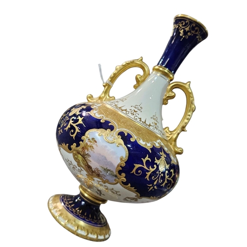 344 - Coalport twin-handled vase, painted with a scene of Loch Lomond on a cobalt blue, pale yellow and gi... 