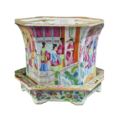 372 - CHINESE EXPORT 'CANTON FAMILLE ROSE' JARDINIERE AND STAND,
19TH CENTURY
6½in. (16.5cm.) high (2