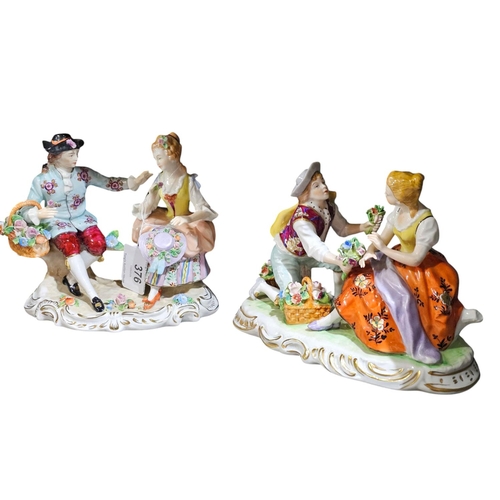 376 - A pair of Continental porcelain conversation groups, each of a seated girl and her admirer, one knee... 