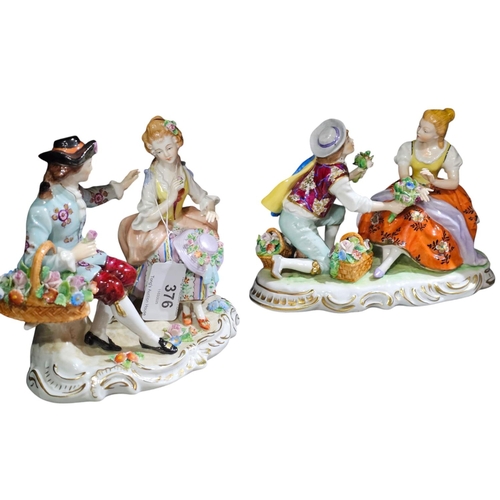 376 - A pair of Continental porcelain conversation groups, each of a seated girl and her admirer, one knee... 