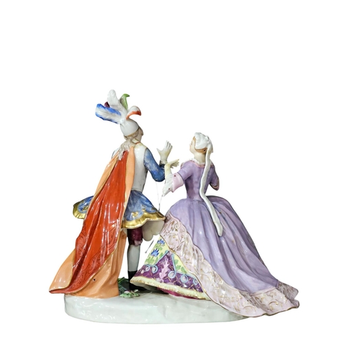 379 - A continental porcelain group of two actors engaged in conversation, she is wearing hooped and boned... 