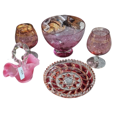 384 - A Gorgeous hand blown pink glass basket and collection of cranberry glass items