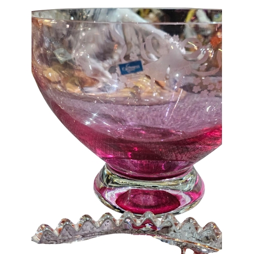 384 - A Gorgeous hand blown pink glass basket and collection of cranberry glass items