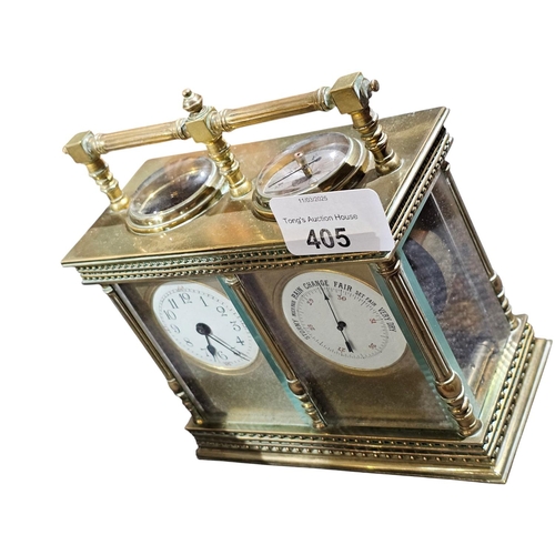 405 - An early 20th century timepiece and barometer within a carriage clock type case with double handle a... 