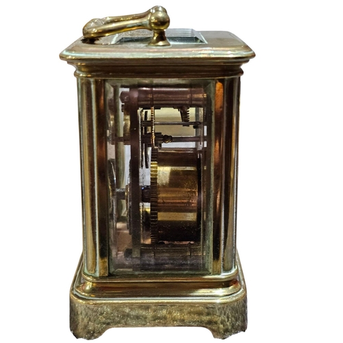 408 - A miniature carriage timepiece, the lacquered brass corniche case with white enamelled Roman dials w... 