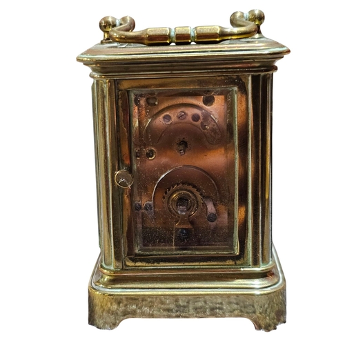 408 - A miniature carriage timepiece, the lacquered brass corniche case with white enamelled Roman dials w... 