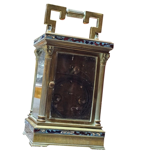 409 - A late 19th century guilt brass carriage clock, the case with 3/4 Corinthian fluted corners, columns... 