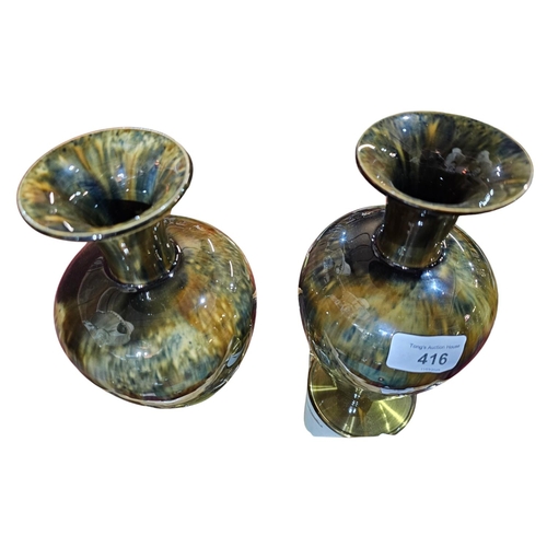 416 - A pair of Linthorpe pottery vases of ovoid form with slender neck and everted rim. Decorated in a gr... 