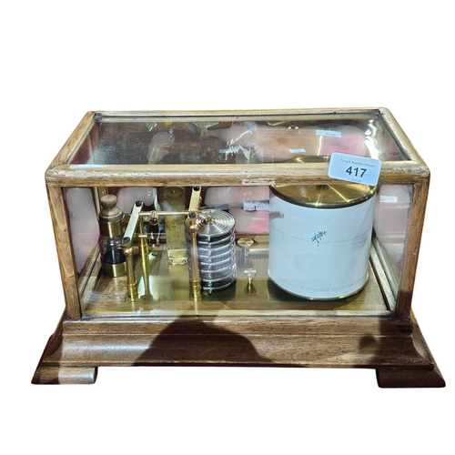 417 - A late 19th/early 20th century brass lacquered and oak cased barograph', with 8 tier bellows, contai... 