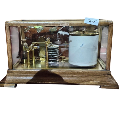 417 - A late 19th/early 20th century brass lacquered and oak cased barograph', with 8 tier bellows, contai... 