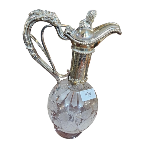 438 - Very ornate silver plated claret jug etched with flowers including a pair of Crystal hand blown glas... 