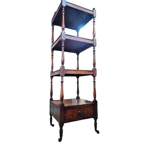 475 - Early Victorian mahogany whatnot the four square tiers spaced by turned corner supports above an und... 