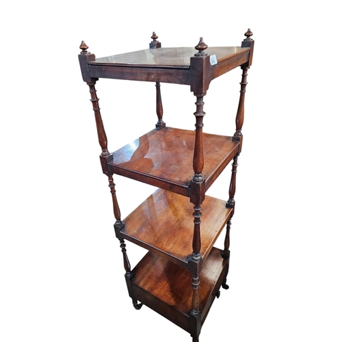 475 - Early Victorian mahogany whatnot the four square tiers spaced by turned corner supports above an und... 