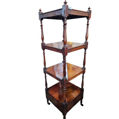 475 - Early Victorian mahogany whatnot the four square tiers spaced by turned corner supports above an und... 