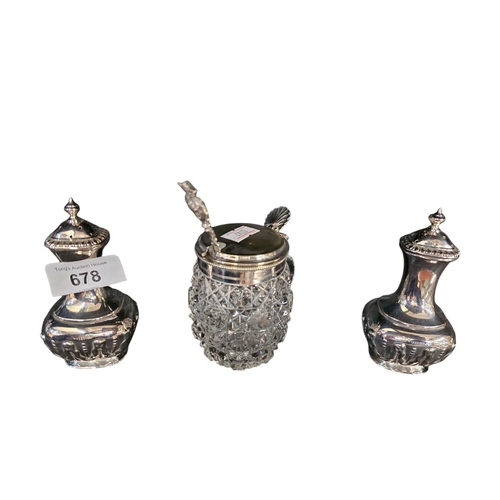 678 - A pair of silver plated salt and pepper set and silver plated mustard cut glass dish