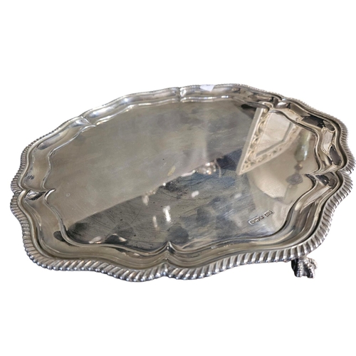 683 - Wonderful large silver hallmarked tray on claw and ball feet by Walker and Hall dated 1925 37cm diam... 