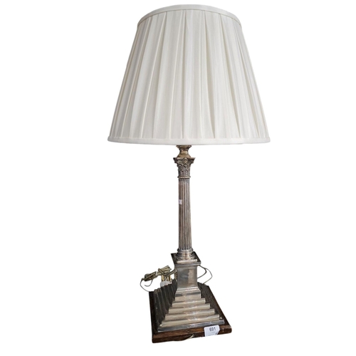 691 - Large hallmarked silver dated 1895 Corinthian Column table lamp by James Dixon and Sons on wooden pl... 