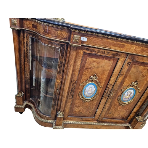 693 - A fine mid Victorian figured walnut credenza, inlaid throughout with fine boxwood line inlay and scr... 