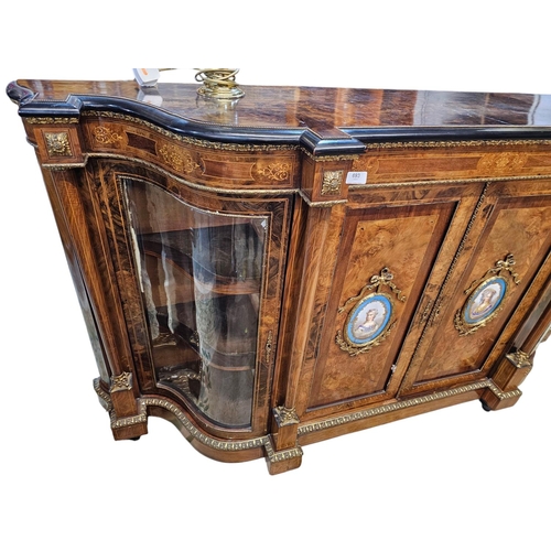 693 - A fine mid Victorian figured walnut credenza, inlaid throughout with fine boxwood line inlay and scr... 