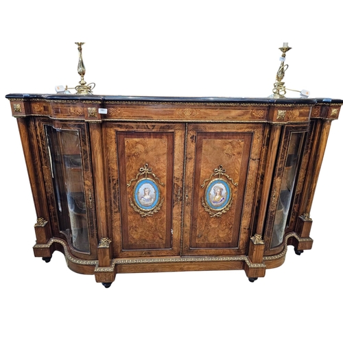 693 - A fine mid Victorian figured walnut credenza, inlaid throughout with fine boxwood line inlay and scr... 