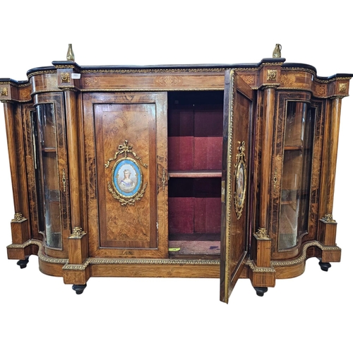 693 - A fine mid Victorian figured walnut credenza, inlaid throughout with fine boxwood line inlay and scr... 