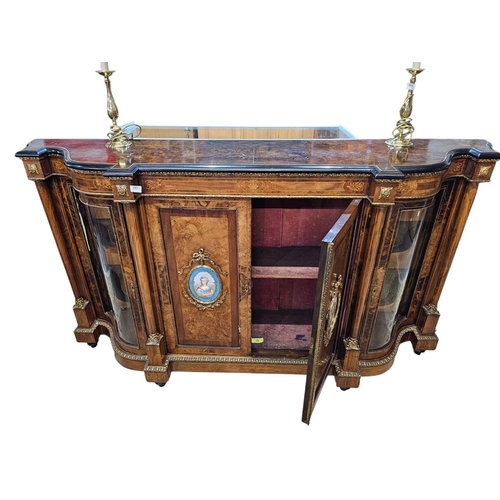 693 - A fine mid Victorian figured walnut credenza, inlaid throughout with fine boxwood line inlay and scr... 