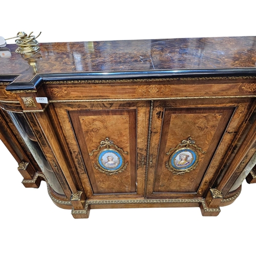 693 - A fine mid Victorian figured walnut credenza, inlaid throughout with fine boxwood line inlay and scr... 