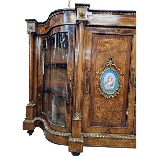 693 - A fine mid Victorian figured walnut credenza, inlaid throughout with fine boxwood line inlay and scr... 