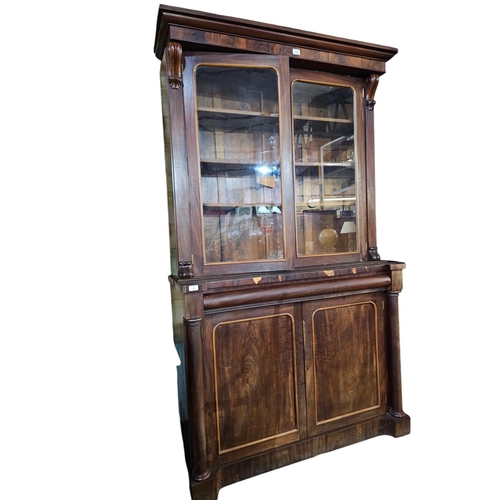 722 - Victorian mahogany 2 door book case with glass front display 125 cm x 218cm