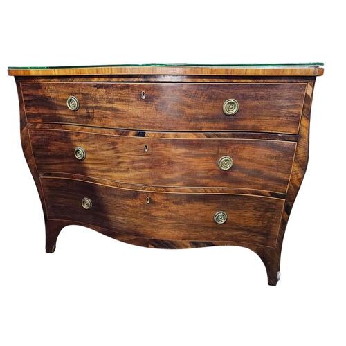 736 - A George III Hepplewhite chest of 3 drawers, the serpentine shaped top crossbanded around with boxwo... 