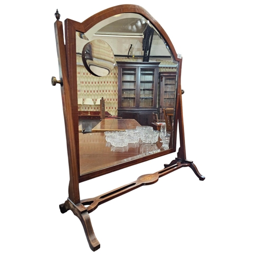 737 - An Edwardian mahogany swing  bathroom mirror with chequered line in lake and boxwood line stringing ... 