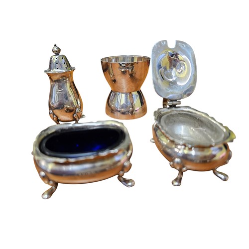 690B - James Dixon Silver Spirit jigger 51g, Aide Brothers, Birmingham silver cruet set 101g