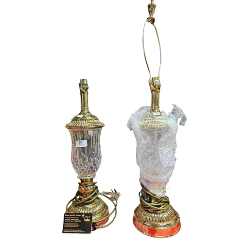 65 - Pair of engraved glass and metal lamp bases standing approx 48cm tall.