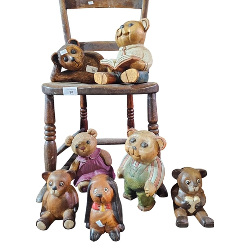 96 - Collection of 7 vintage cute teddy bears includes solid wood hand carved and painted, resin and cera... 