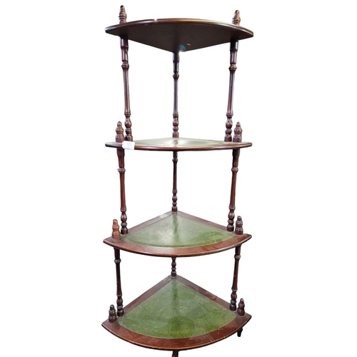 123 - 4 tier vintage green leather inlaid wooden corner whatnot