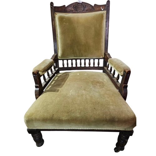 300 - Beautiful upholstered fireside Victorian arm chair with spindle detail smokers chair