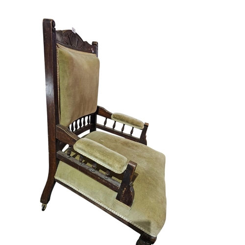 300 - Beautiful upholstered fireside Victorian arm chair with spindle detail smokers chair