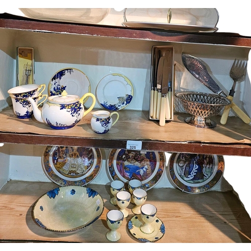 325 - China, Porcelain and plated ware including Delphine pottery egg cups Adderley ware tea set