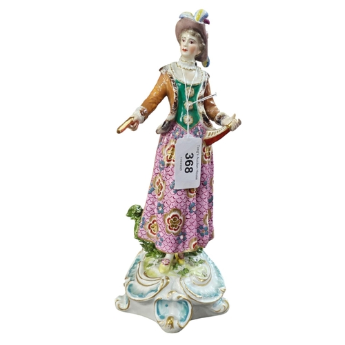 368 - A Continental porcelain figure of a duelling lady, poised with a pistol in hand, wearing a brightly ... 